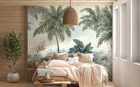 Earthy woodland wall mural behind low wooden bed and hanging wicker lamp.