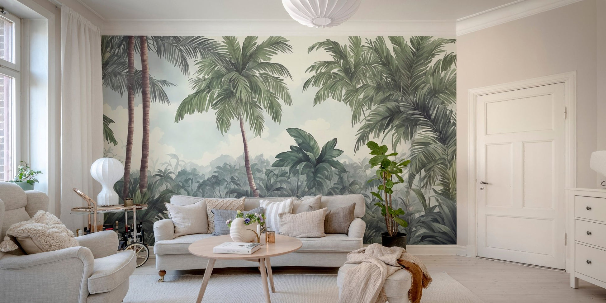 Lush Watercolor Woodlands Wall Murals in living area with white sofa and plants.