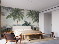 Muted botanical woodland wall mural behind white bed with mid-century modern chair.