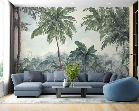 Large scale tropical woodland wall mural in living room with blue sectional sofa and coffee table.