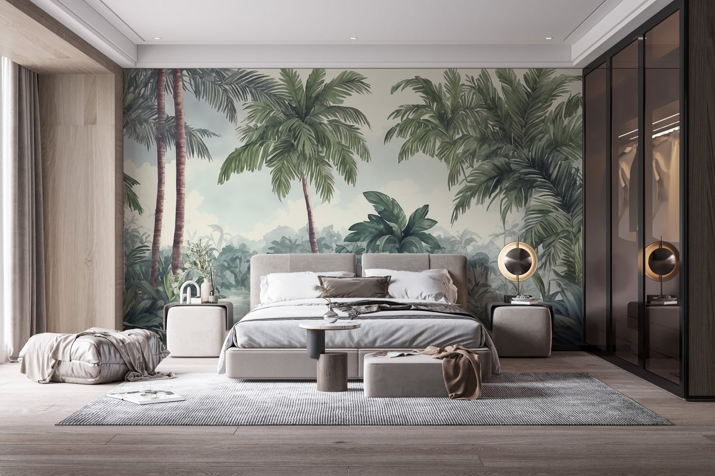 Tropical woodland wall mural in spacious bedroom with grey carpet and modern decor.