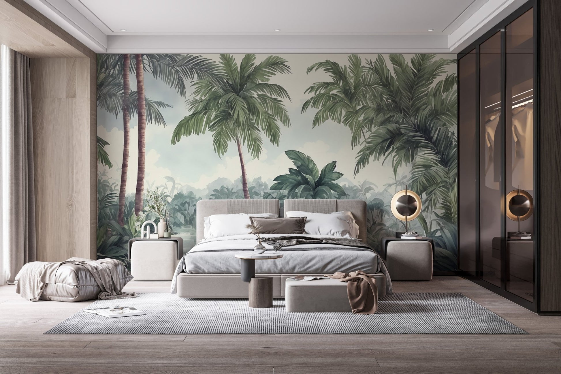 Tropical woodland wall mural in spacious bedroom with grey carpet and modern decor.