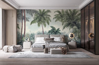 Tropical woodland wall mural in spacious bedroom with grey carpet and modern decor.