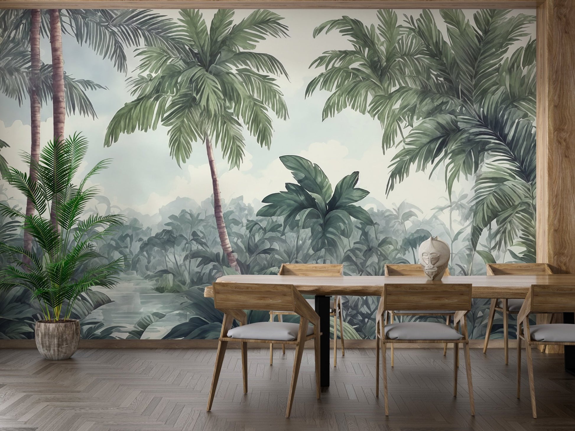 Watercolor Palm leaf wall mural in dining room with wooden table and minimalist chairs.