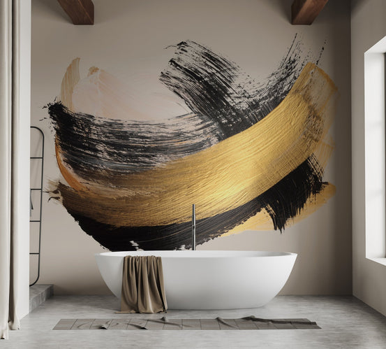Luxe golden arc abstract mural wallpaper with gold and black brushstroke design.