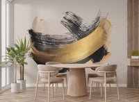 Abstract gold sweep wall mural with textured paint effect for dining room.