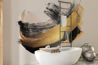 Modern gold arc wall mural in black and beige tones for bathroom.