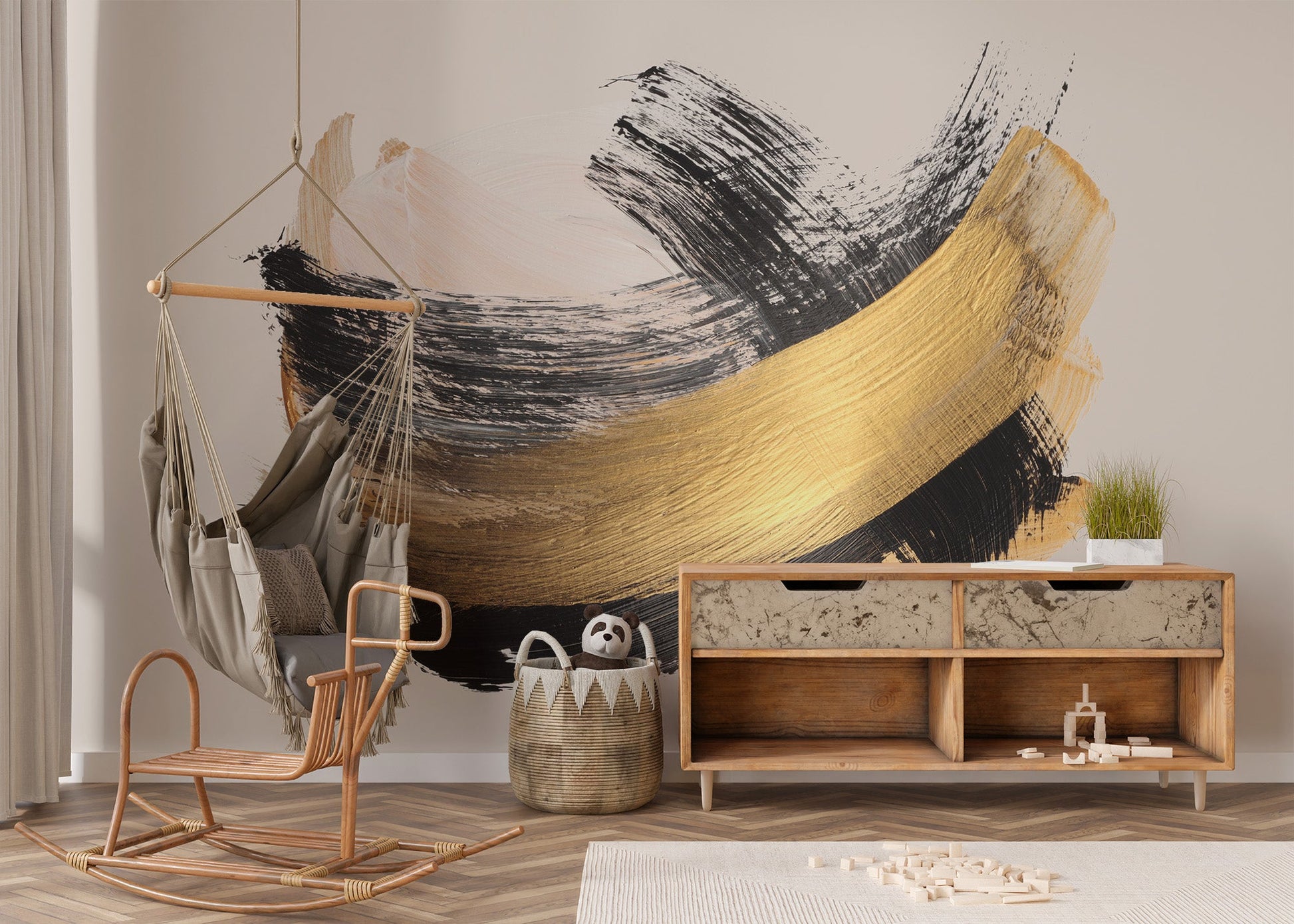 Artistic gold brushstroke wall mural on neutral kids room backdrop.