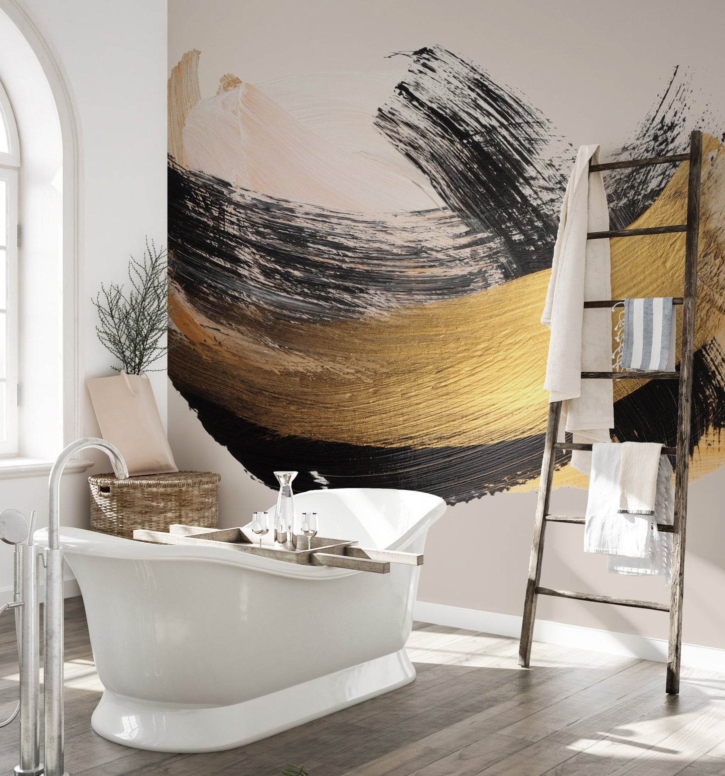 Luxe golden arc abstract wall mural with layered paint texture.