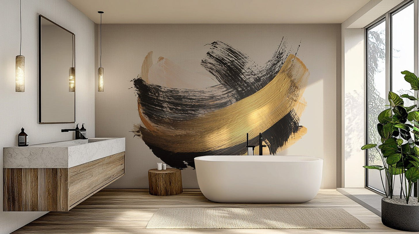Minimalist gold and charcoal wall mural with bold arc detail for bathroom backdrop.