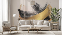 Luxe golden arc contemporary wall mural in metallic color for living area.