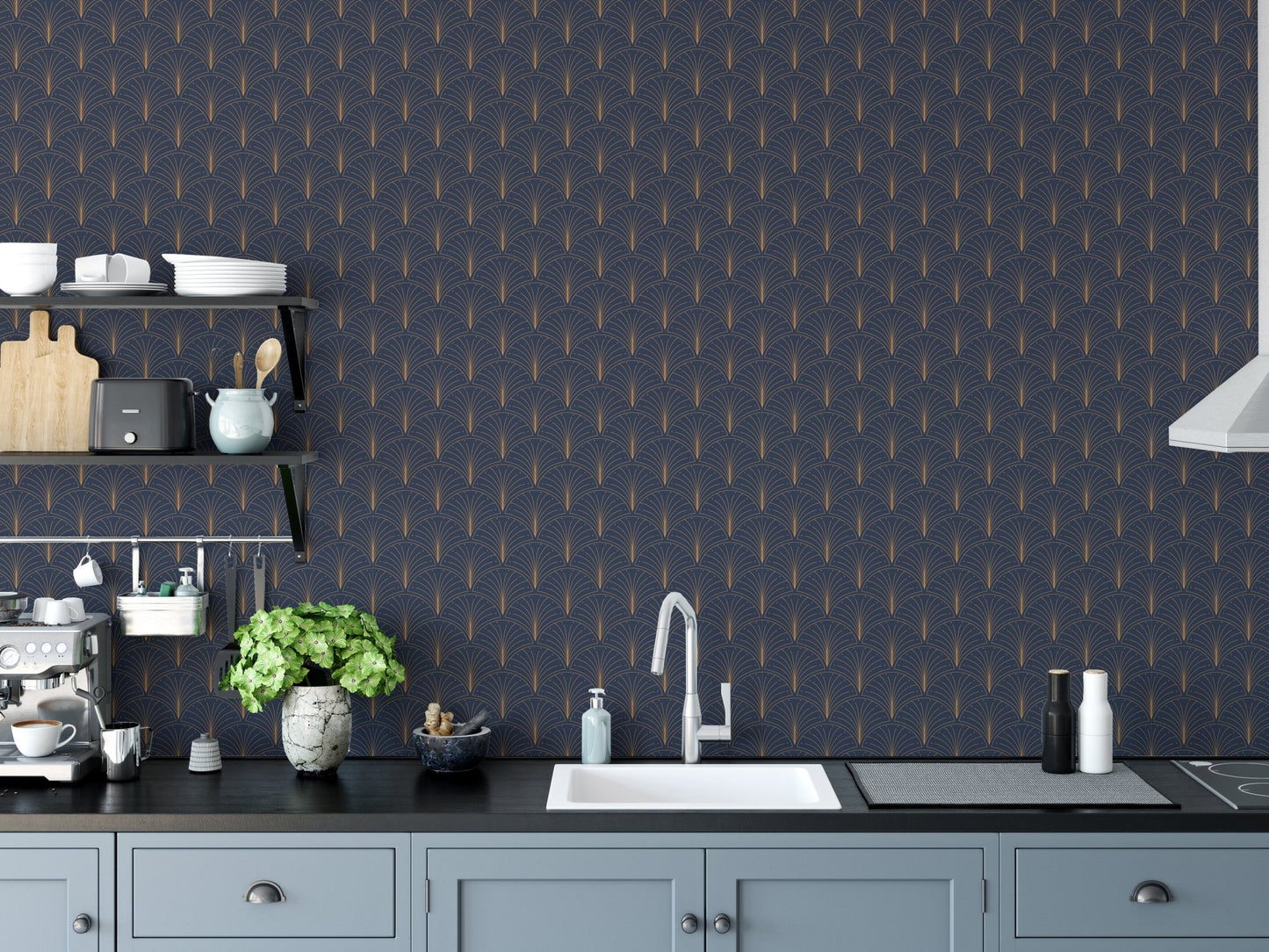 Kitchen backsplash area featuring a dark blue patterned wallpaper with white cabinetry.