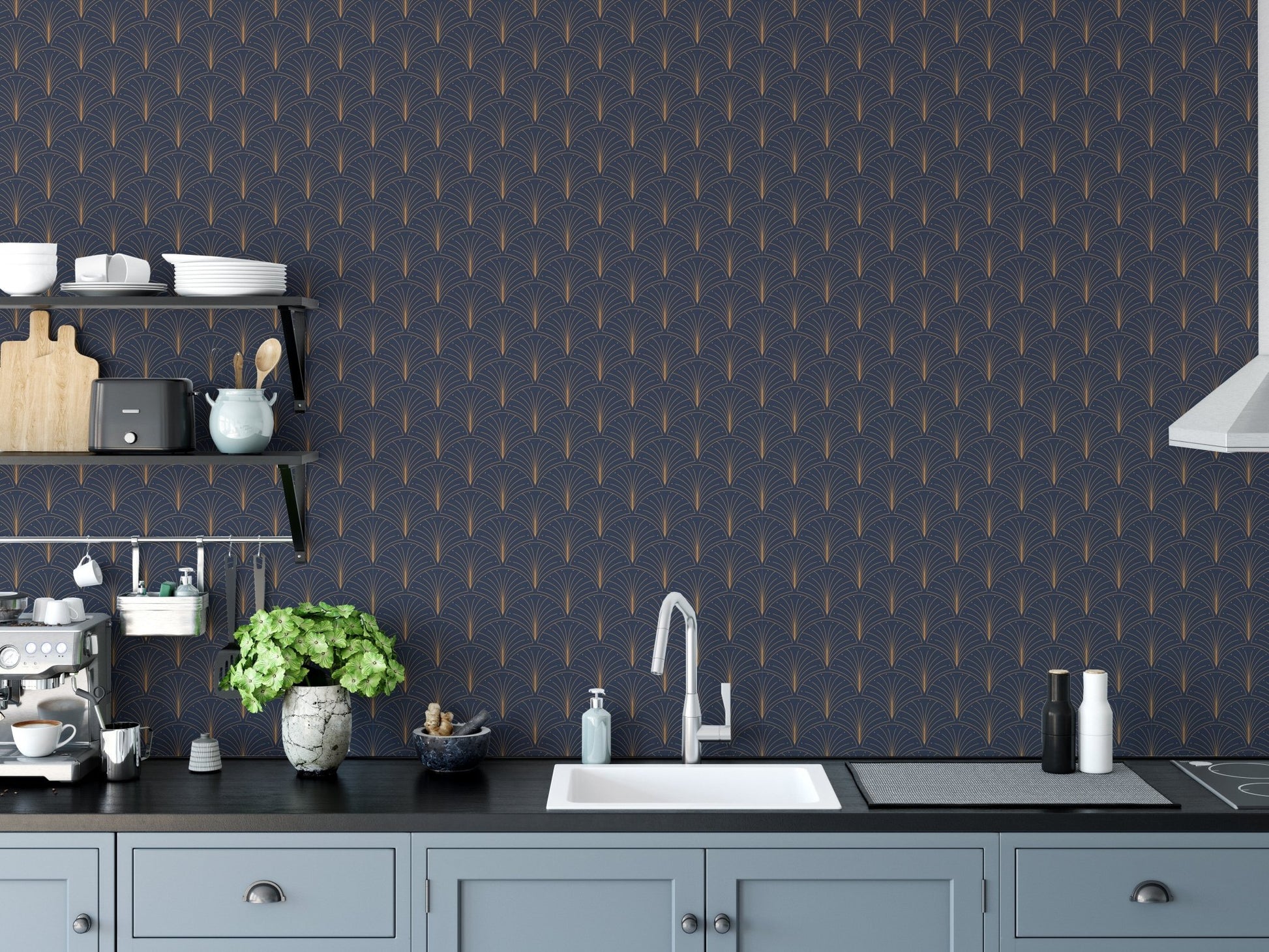 Kitchen backsplash area featuring a dark blue patterned wallpaper with white cabinetry.