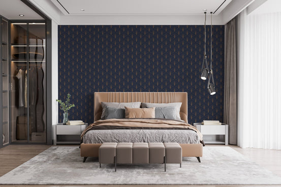 Modern bedroom featuring a navy blue patterned wallpaper with gold accents.
