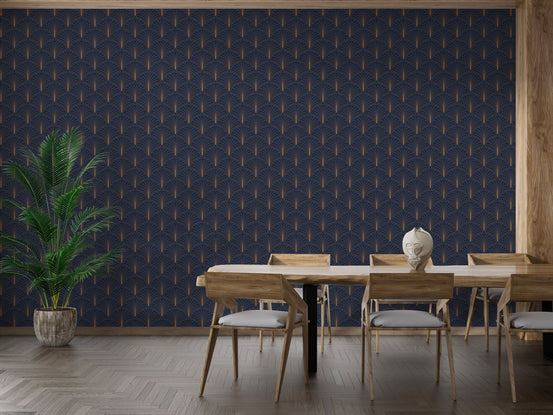Dining room wall decor using navy and gold Art Deco wallpaper behind wooden furniture.