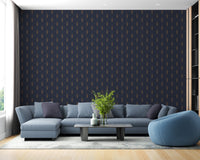 Modern living room showcasing a blue geometric art wallpaper behind a grey sectional sofa.