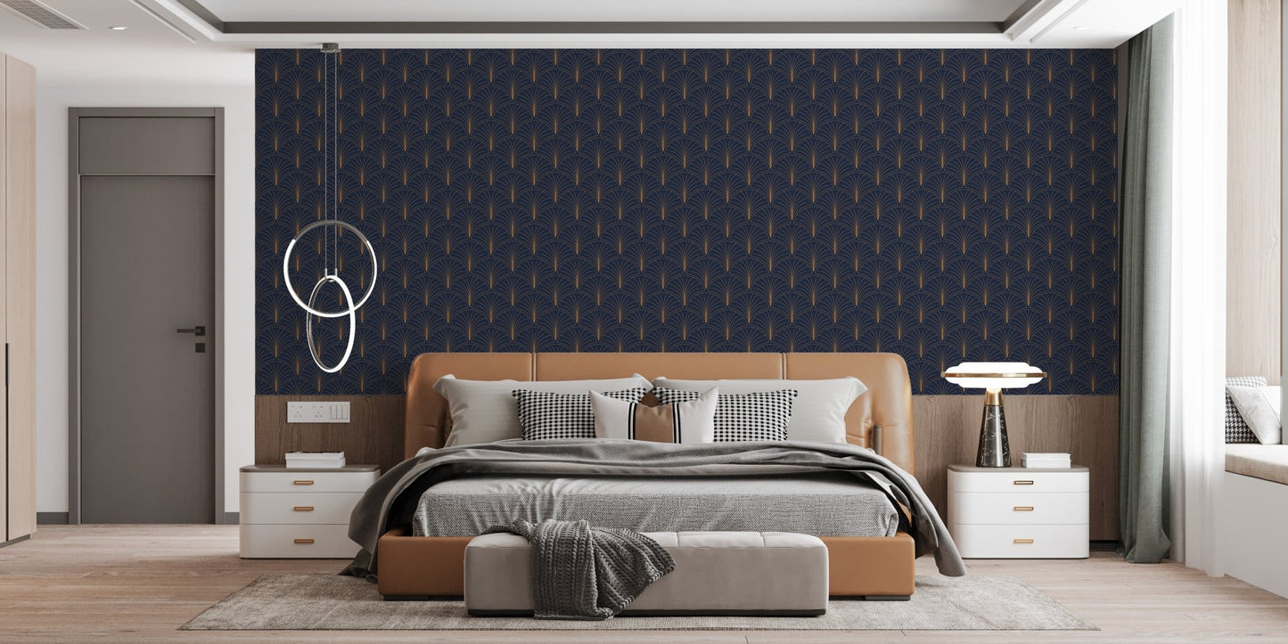 Luxurious Art Deco Patterned Wallpaper in a master bedroom with integrated lighting.