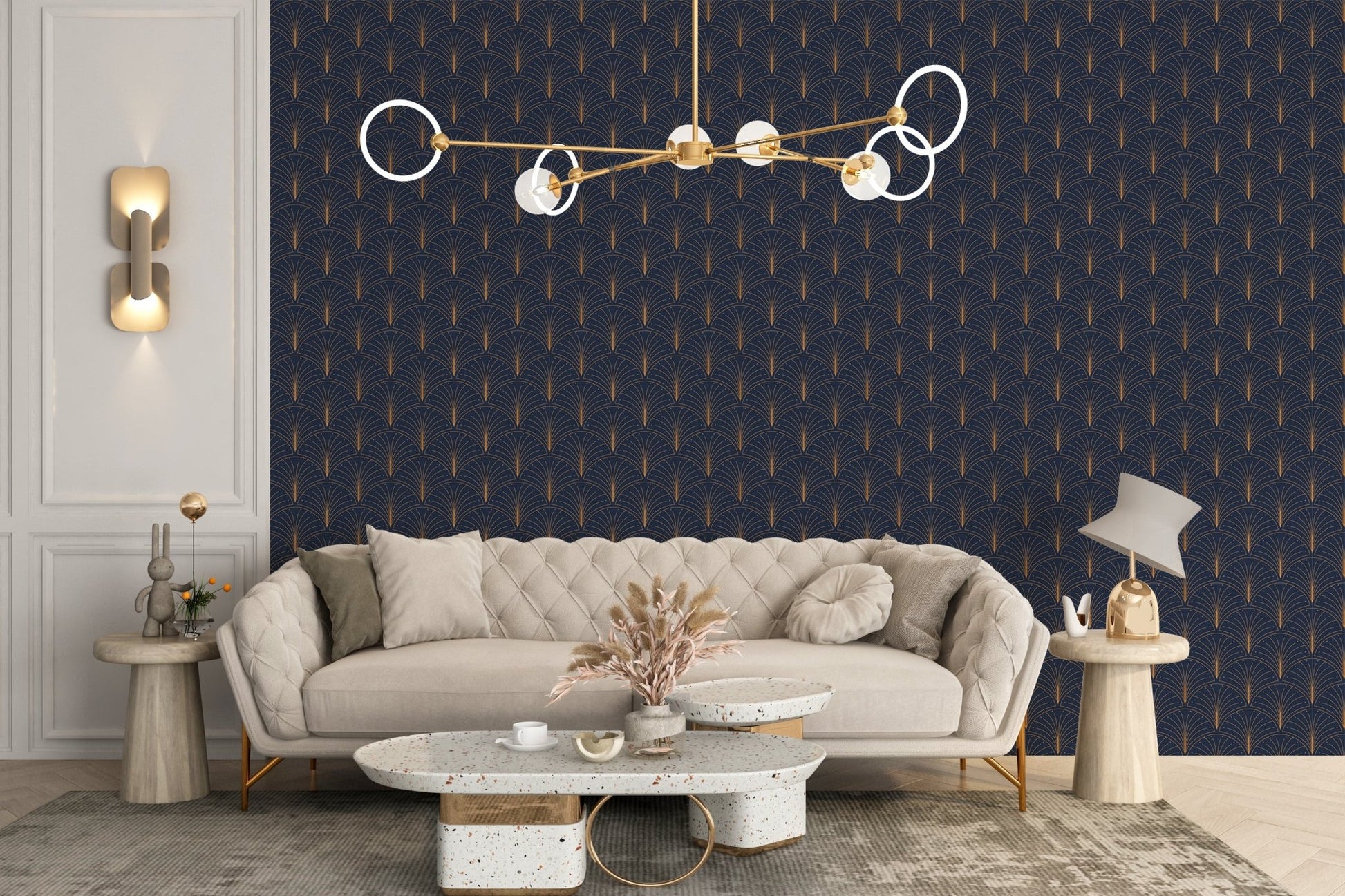 Luxurious Art Deco Patterned Wallpaper on a living room feature wall behind a white sofa.
