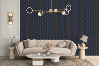 Luxurious Art Deco Patterned Wallpaper on a living room feature wall behind a white sofa.