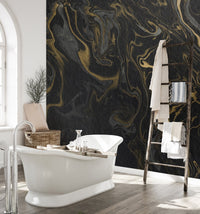 Modern bathroom decor with a dark stone texture wallpaper and natural lighting.