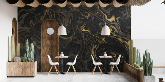Luxurious Black and Gold Wallpaper Marble in a stylish cafe with white chairs.