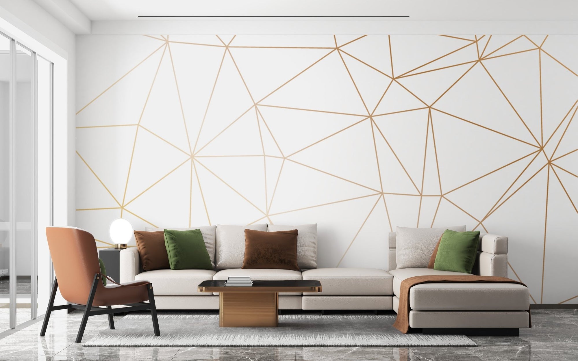 Modern living room with white and gold polygonal wall murals and a beige sectional sofa.