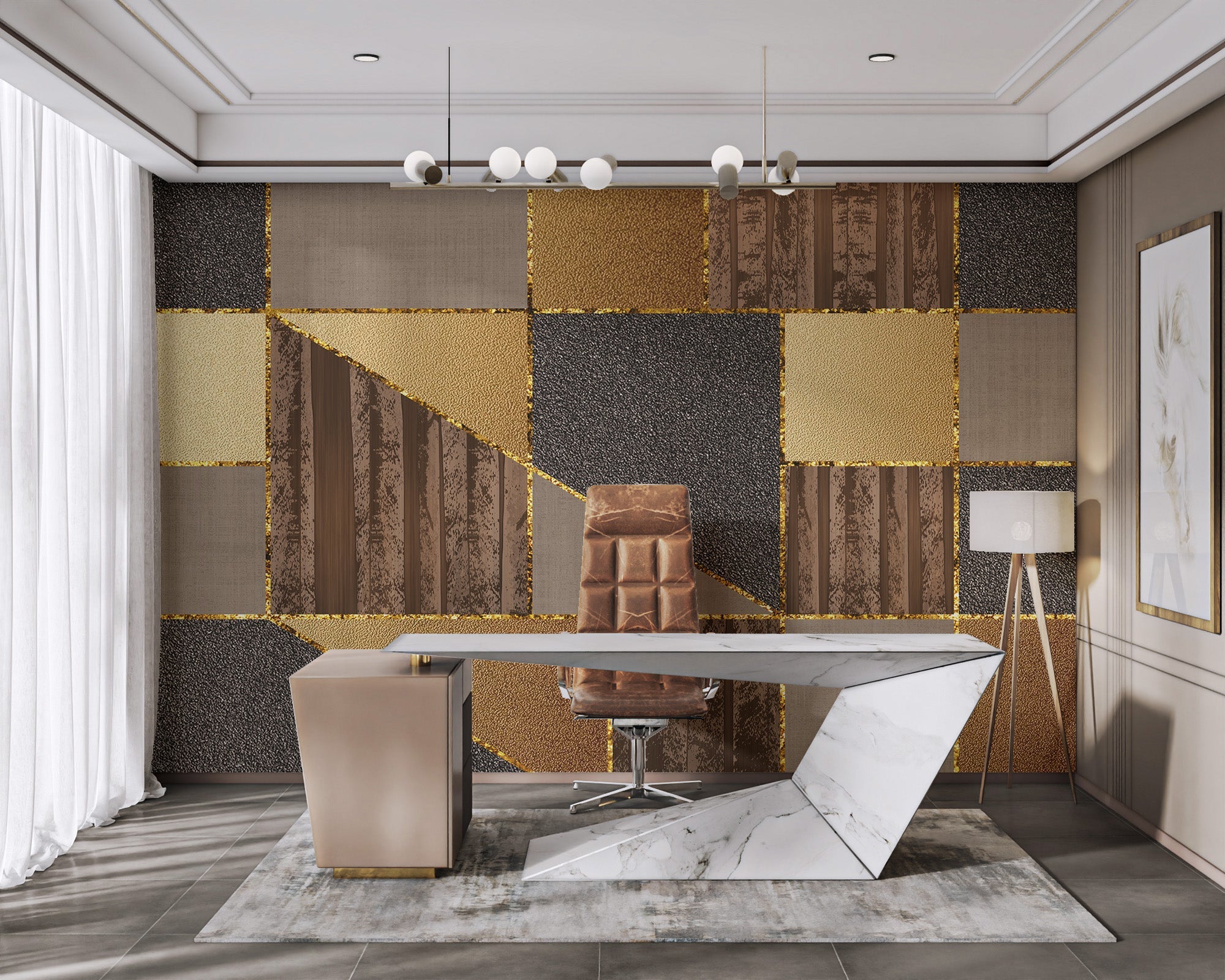 Luxury 3D geometric gold wallpaper with metallic lines and dark stone textures.
