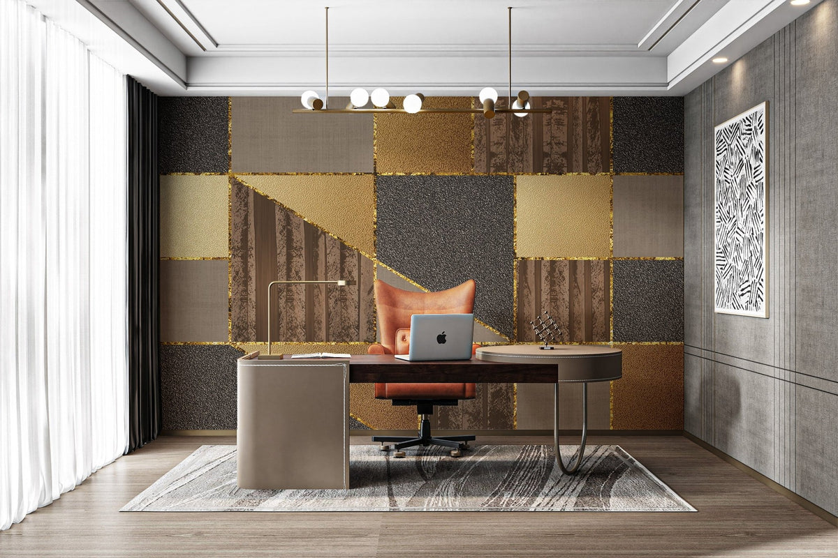 Textured geometric wallpaper with distinct blocks of gold leaf and dark granite visuals.