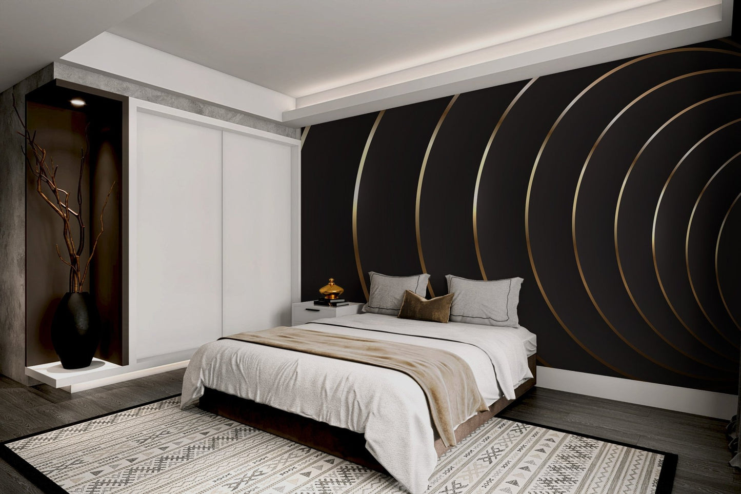 Modern geometric black wallpaper mural featuring metallic gold curved lines.