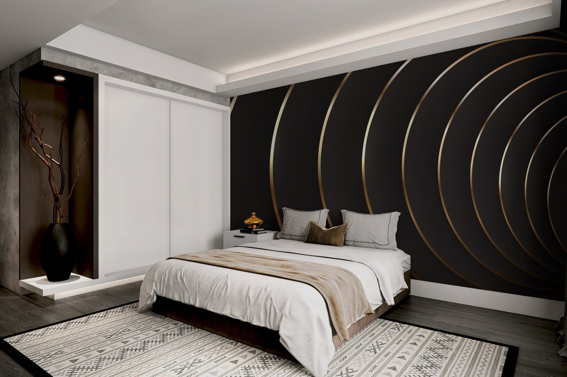 Modern geometric black wallpaper mural featuring metallic gold curved lines.