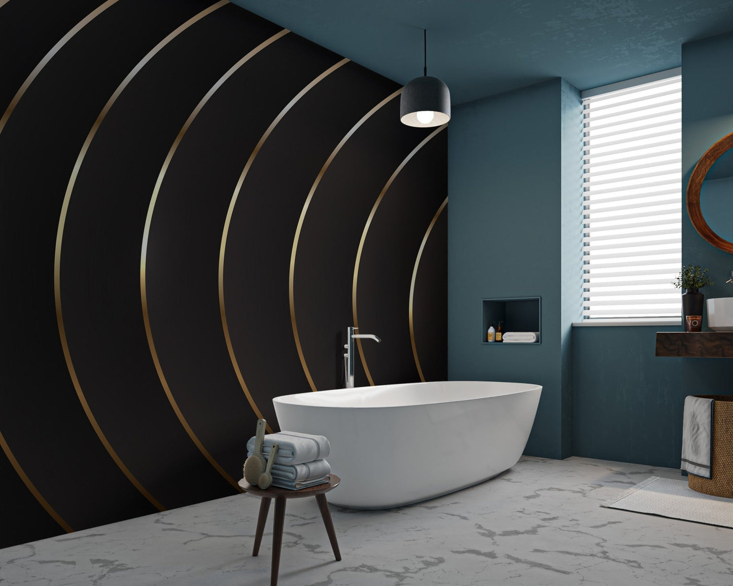 Abstract circular layered luxury wallpaper in premium black and gold.