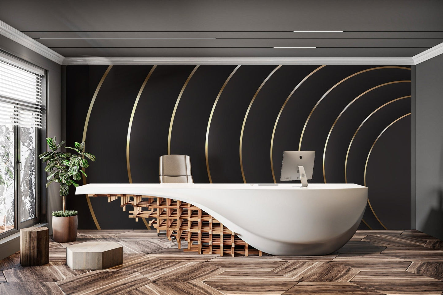 Minimalist black background wall mural with gold detailing.