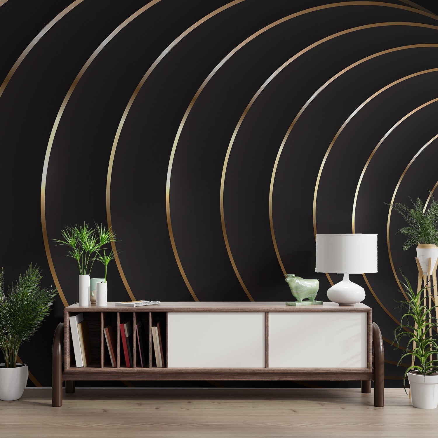 Contemporary black wall mural with gold foil effect on dark surfaces.