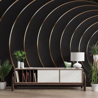Contemporary black wall mural with gold foil effect on dark surfaces.