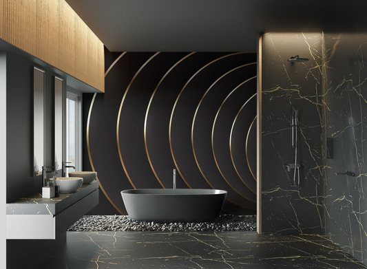 Luxury black and gold wallpaper with 3D overlapping circular patterns.
