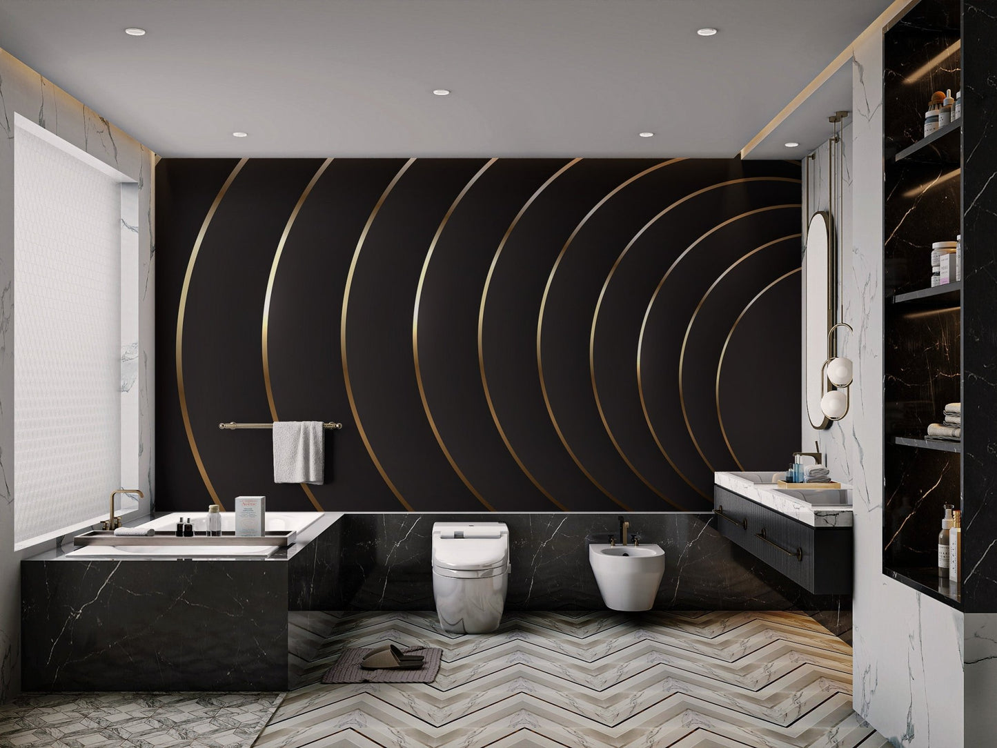Sleek black wall mural featuring repetitive gold circle motifs.