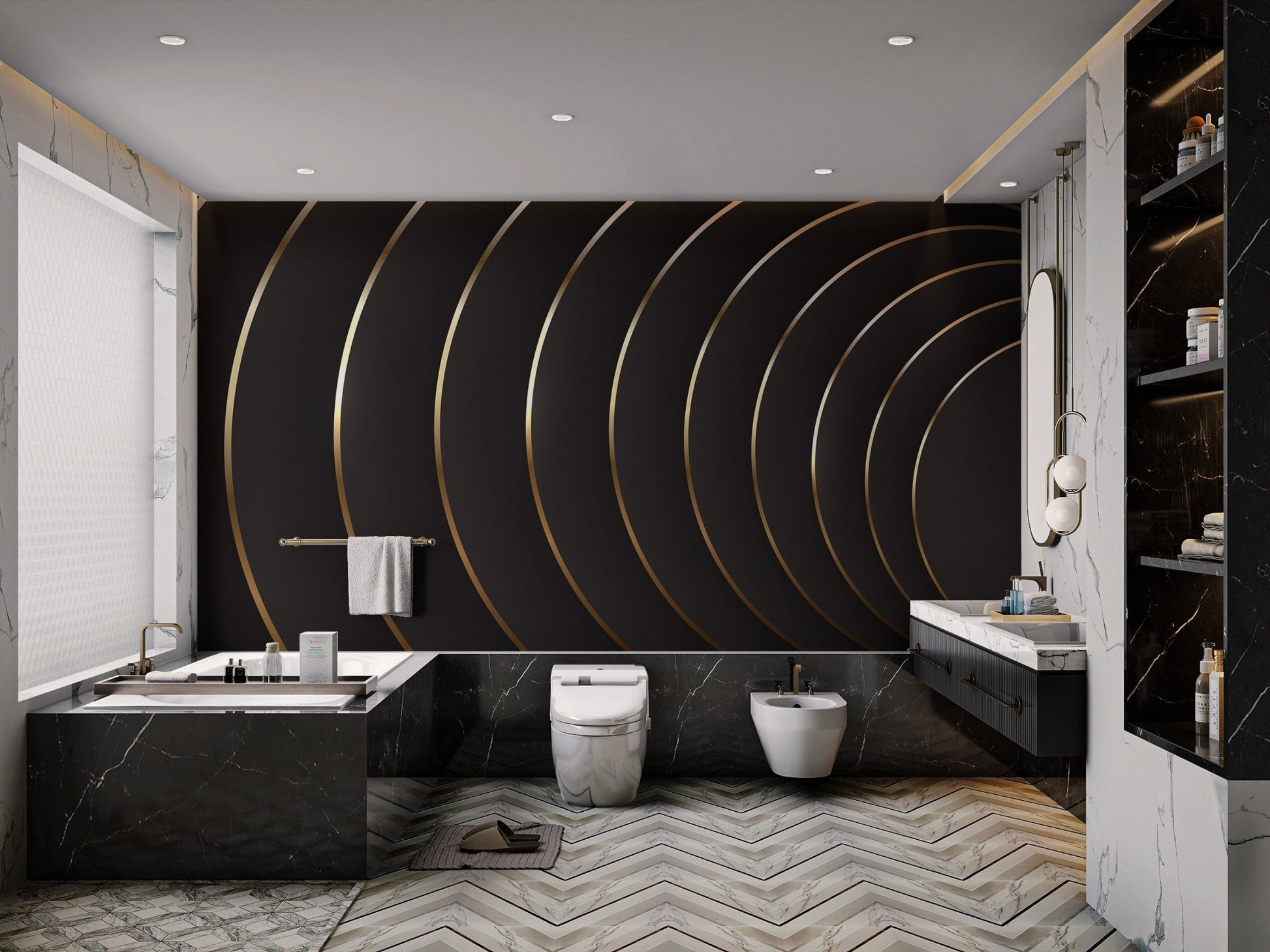 Sleek black wall mural featuring repetitive gold circle motifs.