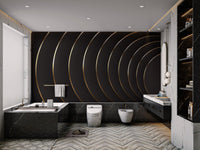 Sleek black wall mural featuring repetitive gold circle motifs.