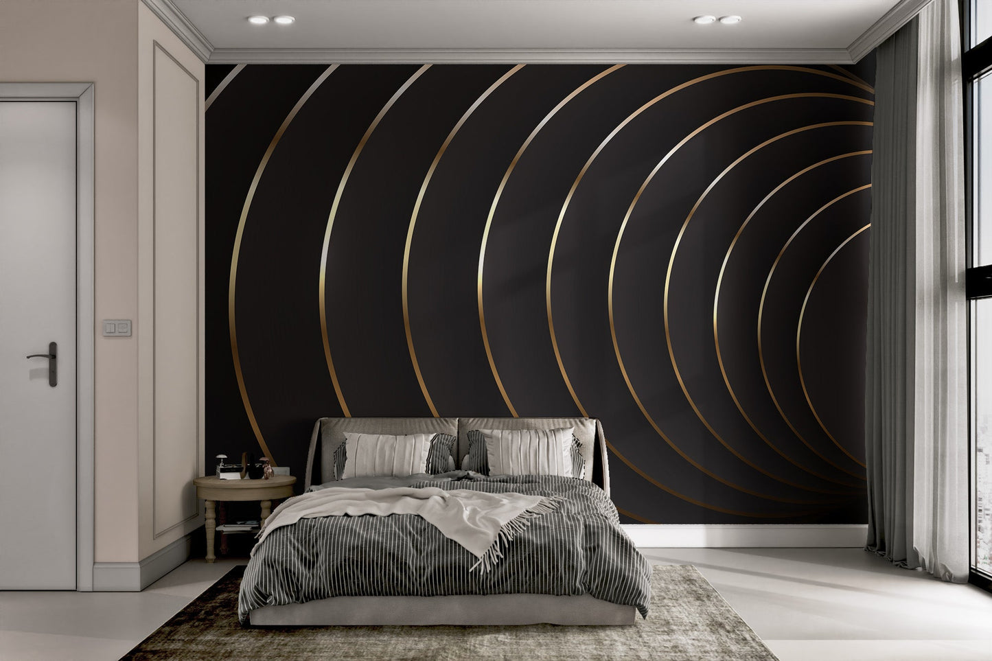 Textured look luxury wall mural with golden arc designs on dark base.