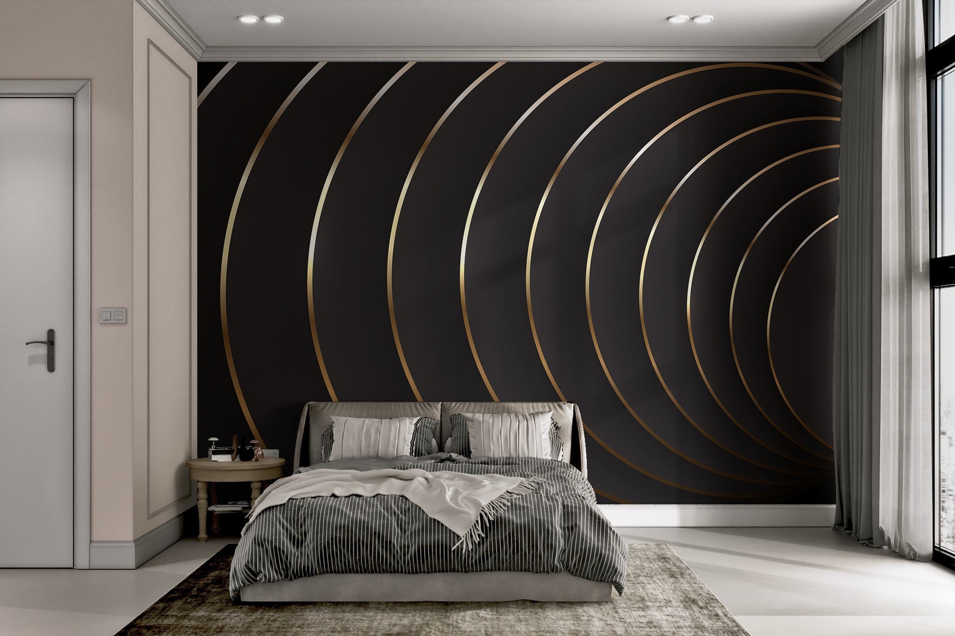 Textured look luxury wall mural with golden arc designs on dark base.