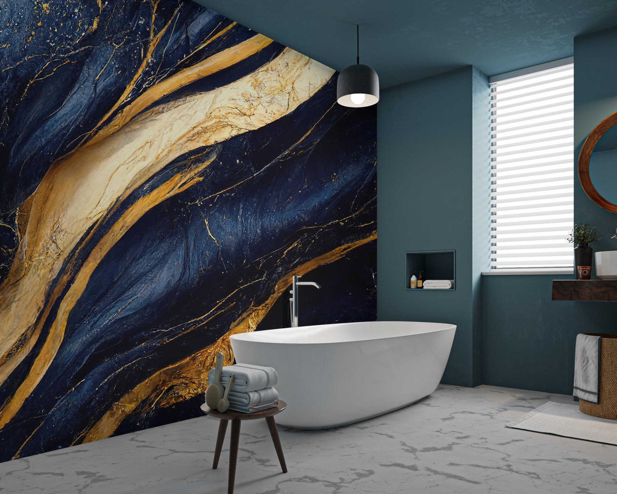 Navy blue textured marble wall mural featuring golden stone patterns.