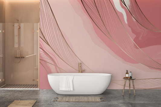 Luxury Blush Marble Elegance Murals in a modern bathroom with a white bathtub