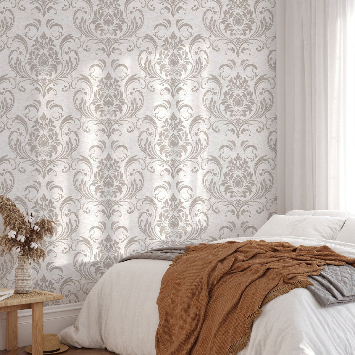 Luxury Damask Retro Vintage Pattern wallpaper in a cozy master bedroom.