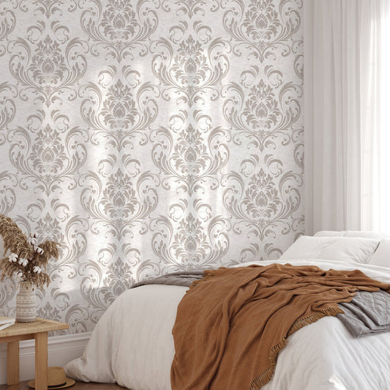 Luxury Damask Retro Vintage Pattern wallpaper in a cozy master bedroom.