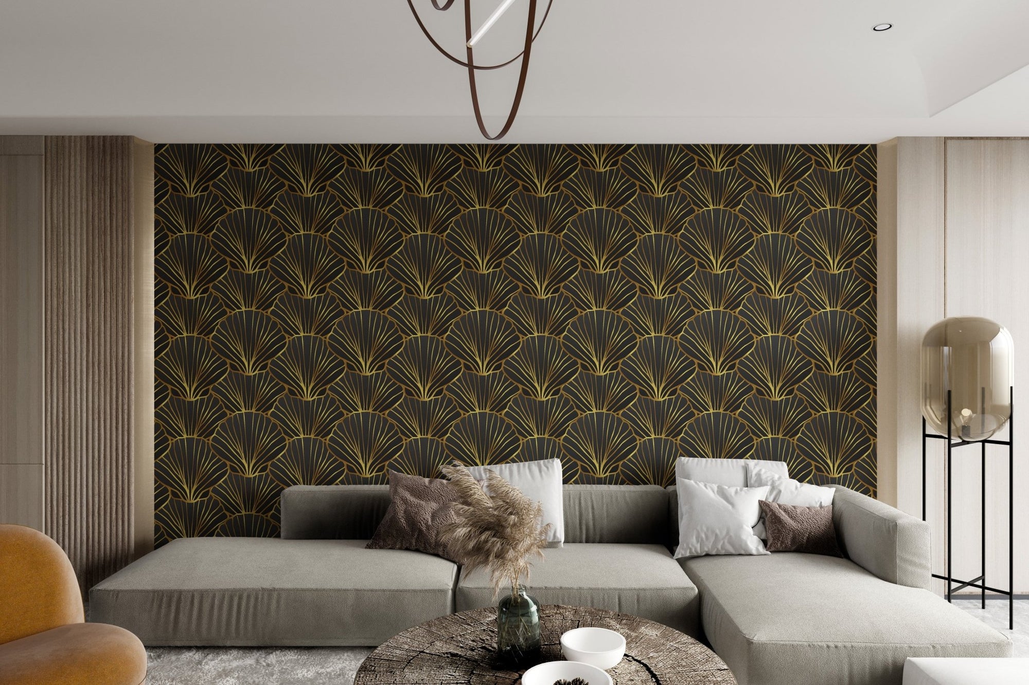 Luxury gold art deco wallpaper with metallic fan shapes on black.