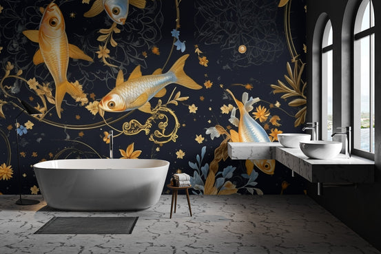 Luxury goldfish pattern wallpaper with golden aquatic motifs on dark backdrop.