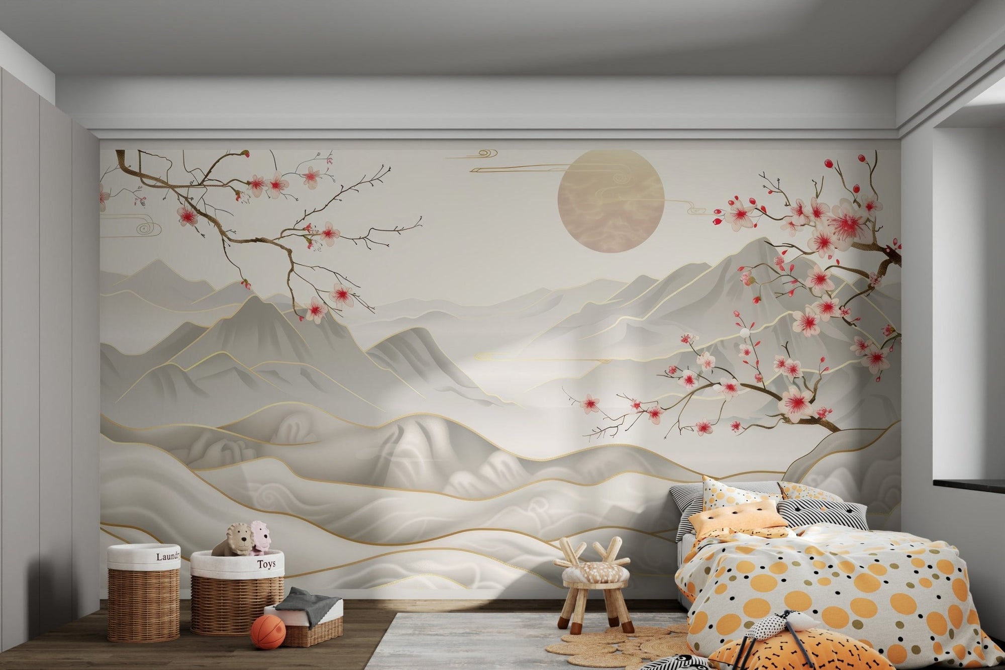 Abstract blossom landscape wall mural with golden outlines.