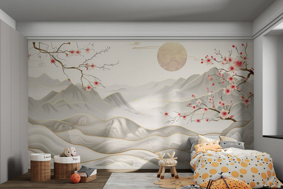 Abstract blossom landscape wall mural with golden outlines.