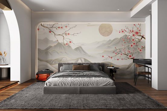 Pink cherry blossom branches on cream wallpaper.