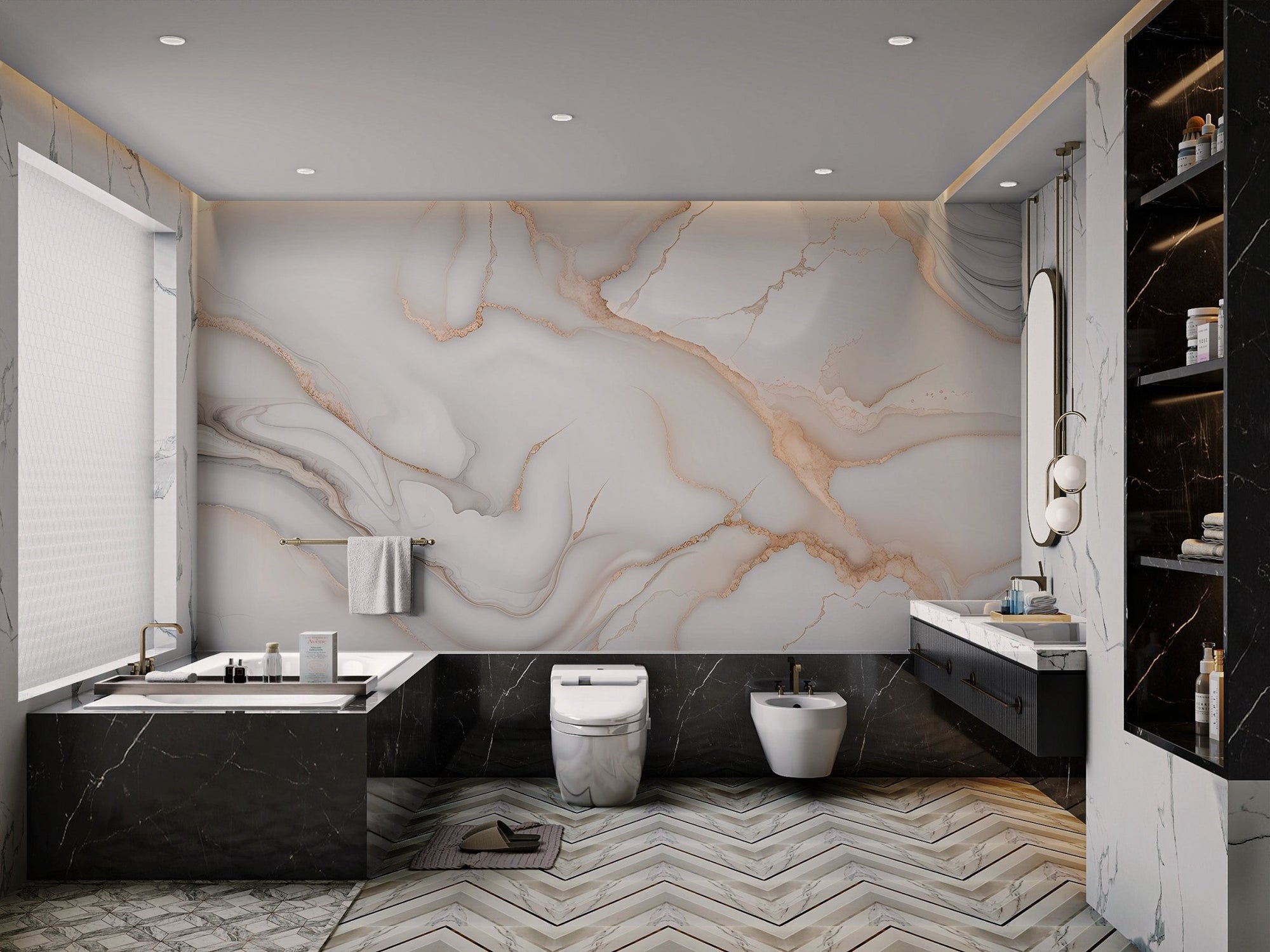 Luxury white marble wallpaper with elegant golden veins and grey swirls.